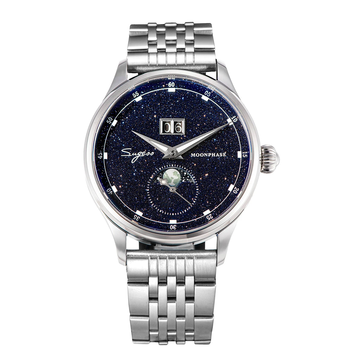 Sugess Moonphase Men’s Automatic Mechanical Watch — 40MM Stainless Steel with Seagull ST2528 Movement and Blue Sandstone Dial