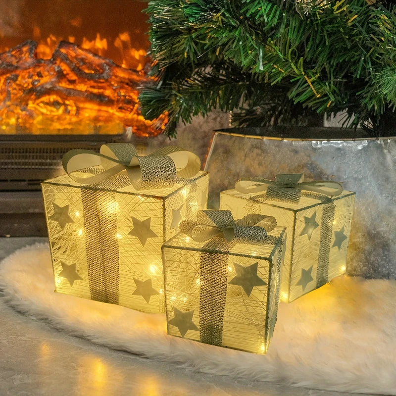 3-Piece Christmas LED Gift Box Set - Lighted Indoor & Outdoor Holiday Decoration