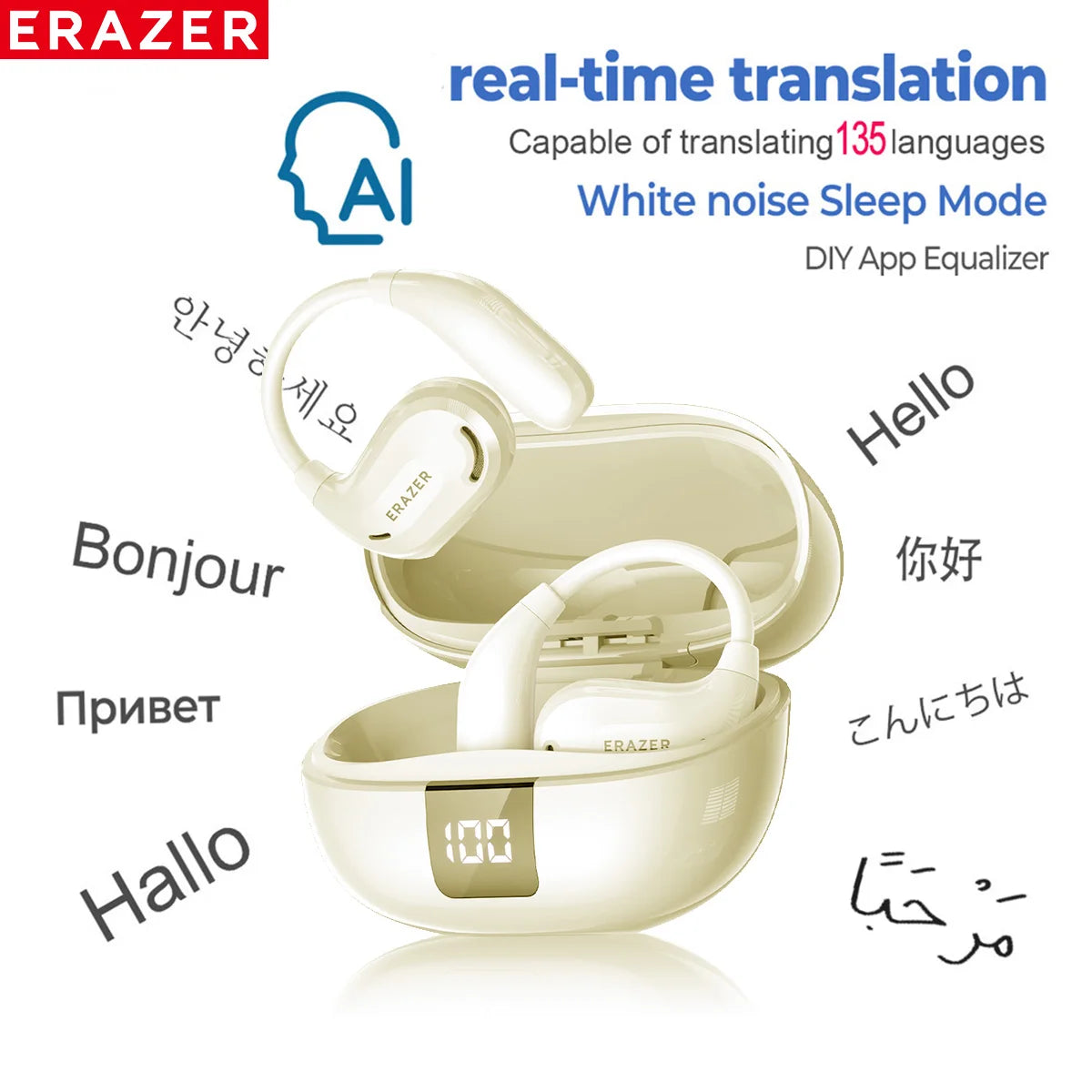 ERAZER XT66PRO Bluetooth Earphones – ASMR Wireless Headset with AI Translator, DIY App Control, 13-Hour Battery & Display