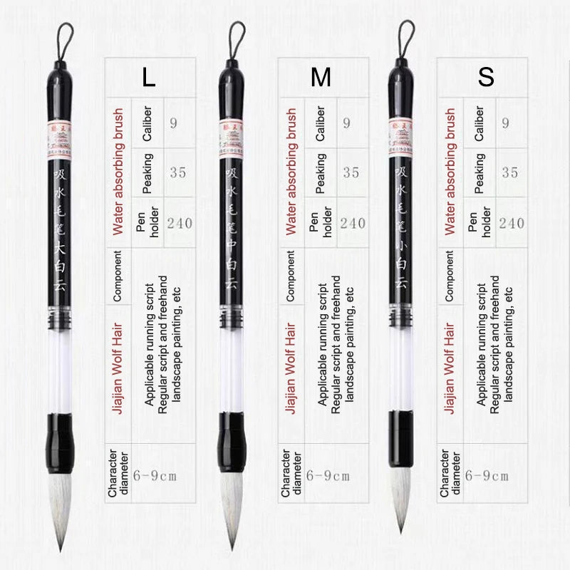 3PCS Calligraphy Brush Set – Water Storage Ink Pens with Automatic Suction, Wolf Hair Soft Round Tip Writing & Painting Brushes