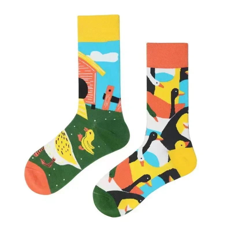 WY_New Asymmetrical Couples Mandarin Ducks Cotton Socks β Fashion Sports Colorful Medium & High Sleeve Unisex Crew Socks, Trendy Couple Gift Socks