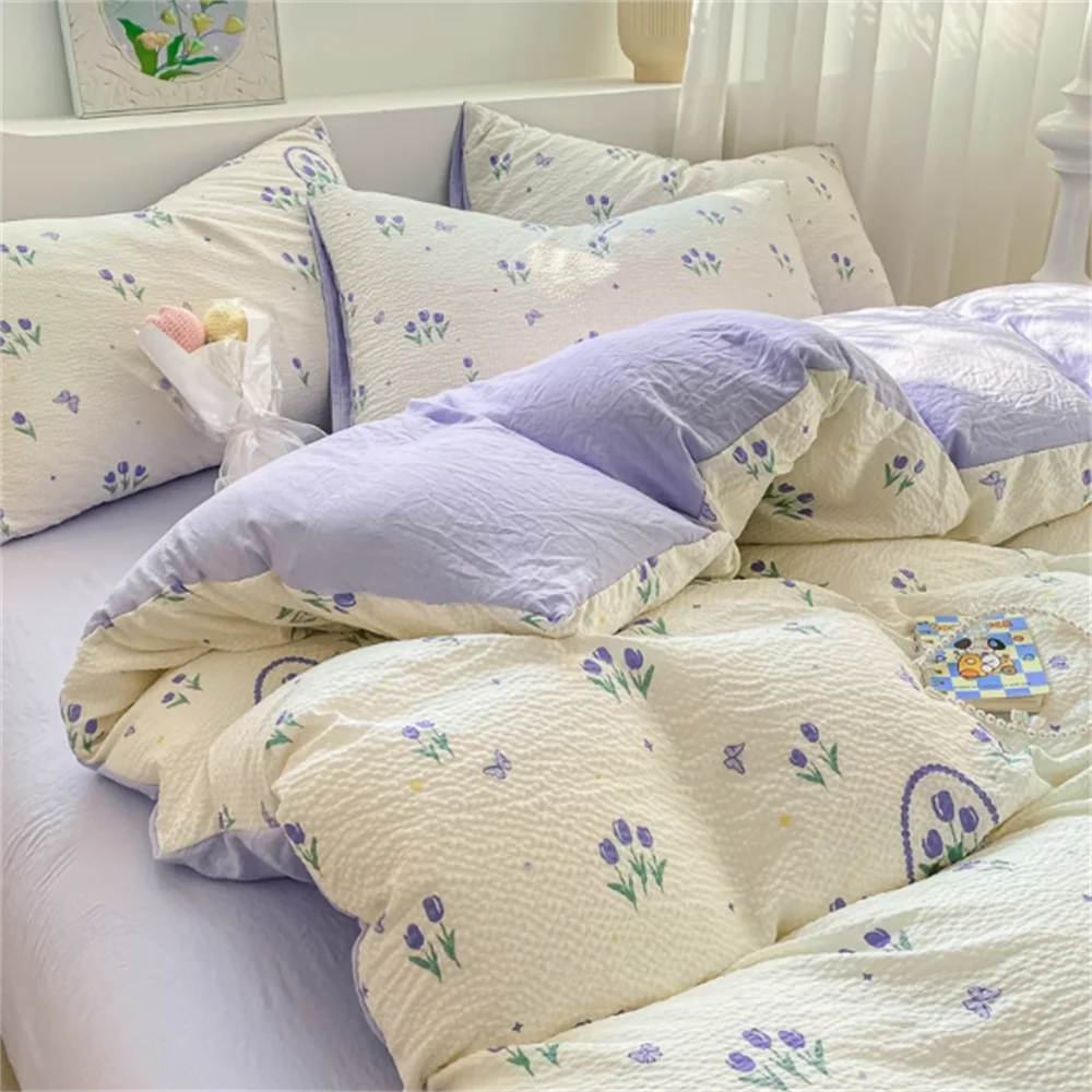 Wrinkled Yarn Washed Cotton Bedding Set — Soft Duvet Cover and Bed Sheet Set, 3 or 4 Piece Non-Pure Cotton Bedroom Set