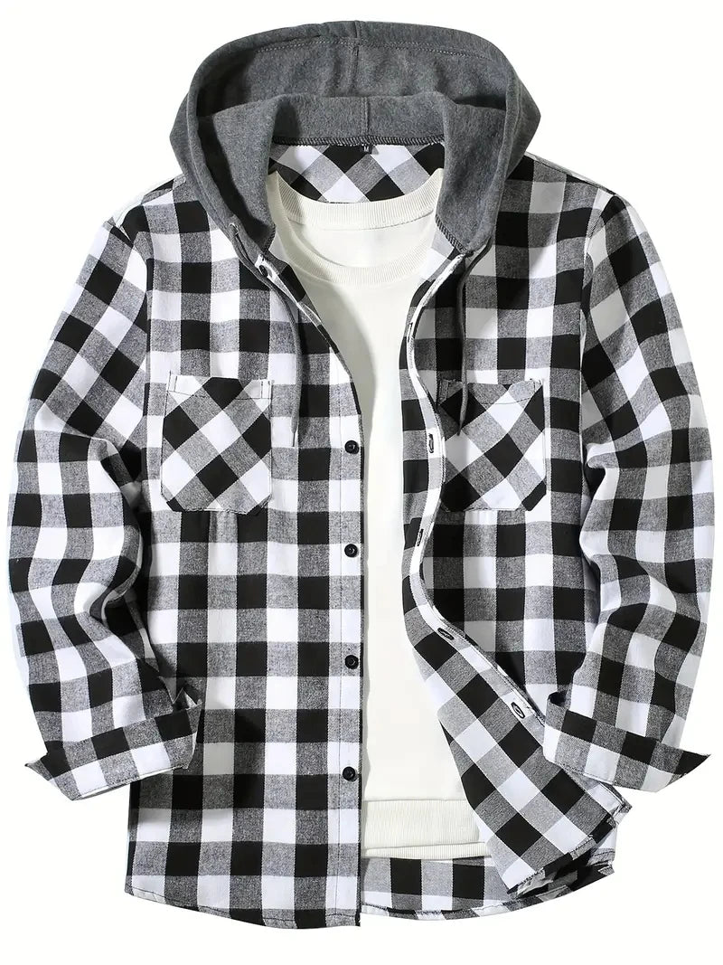 Youth Men’s Hooded Plaid Shirt - Slim Fit Long Sleeve Casual Travel & Streetwear Jacket