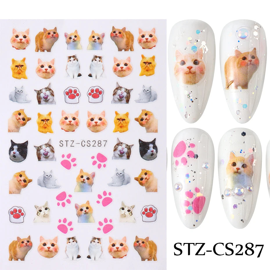 3D Animal Nail Art Stickers - Cute Cartoon Dog, Cat & Bunny Self-Adhesive Decals