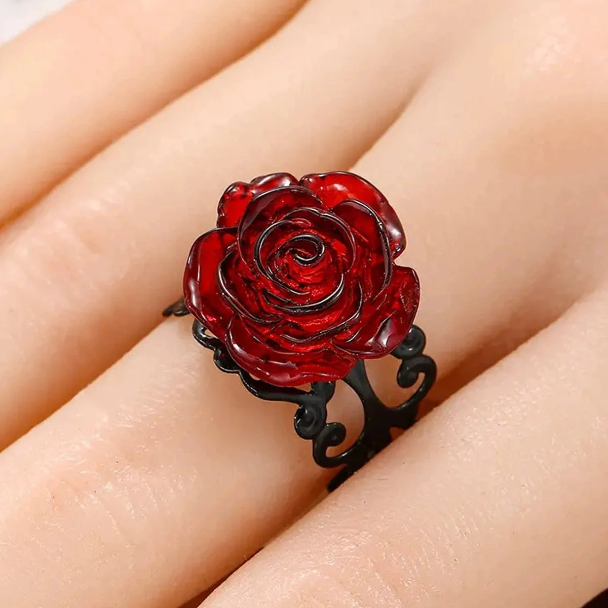 Punk Gothic Red Rose Ring - Vintage Black Vine Witch-Inspired Halloween Party Jewelry & Gift