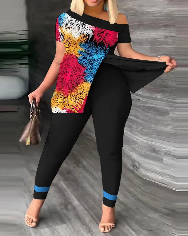 Elegant Women’s Two-Piece Set – Printed Ruffle Sleeve Top & Solid Color Pants with Belt