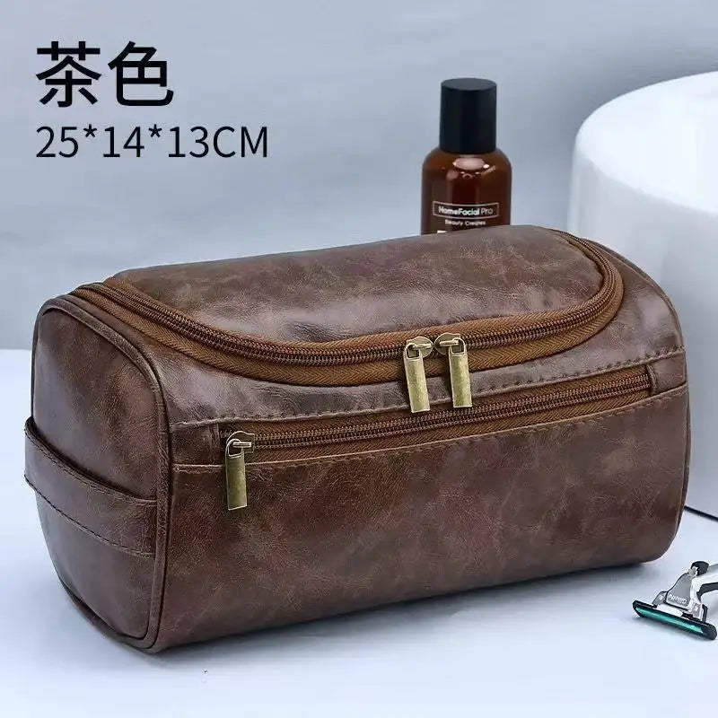 Men’s PU Leather Vintage Luxury Toiletry Bag – Travel Hanging Cosmetic Makeup Organizer Case, Business Wash Bag Storage Pouch