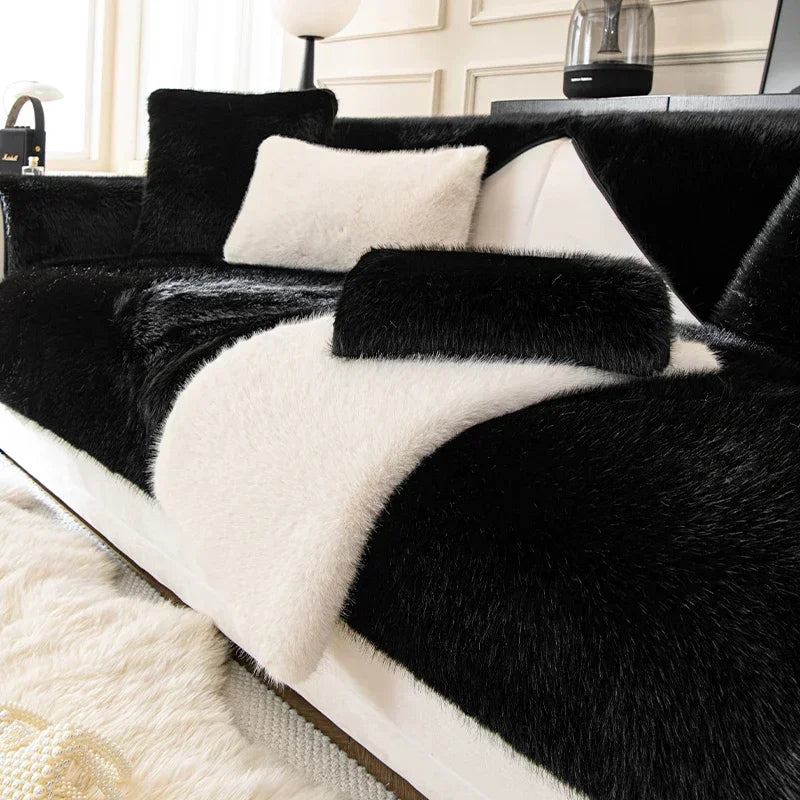 Rabbit Plush Sofa Seat Cover – Warm Non-Slip L-Shaped Couch Blanket & Cushion Slipcover for Living Room