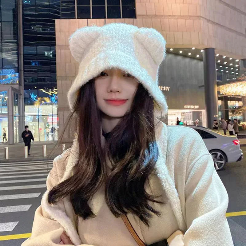Cute Girl Knit Bear Earmuff Hat – Women’s Woolen Crochet Beanie Bonnet Winter Warm Headwear