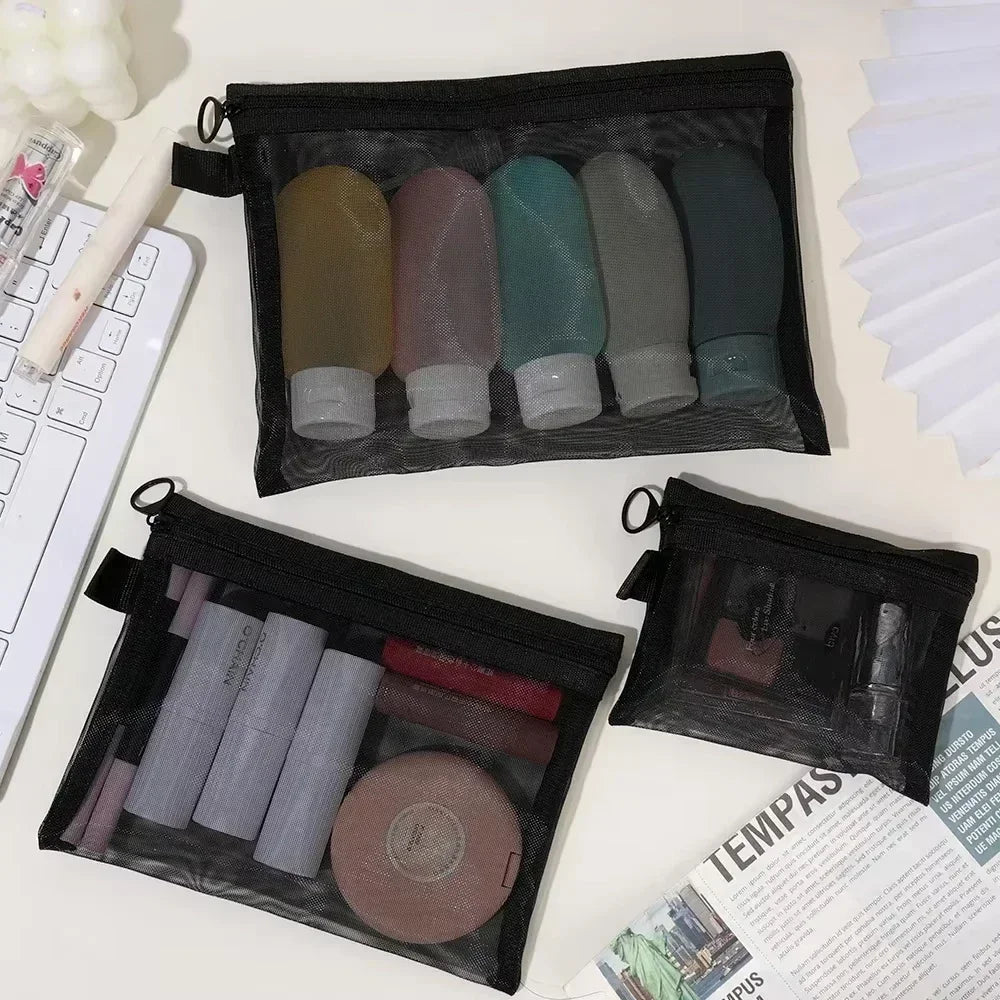 1/3PCS Black Mesh Clear Cosmetic Bag Set Portable Travel Makeup Toiletry Organizer Pouch Storage Case