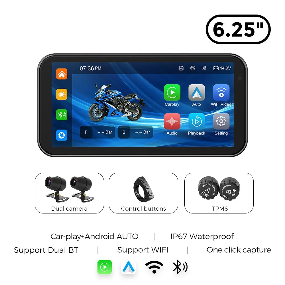 Portable 6.25-Inch Motorcycle GPS Navigation with Wireless CarPlay & Android Auto β IP67 Waterproof, DVR Drive Recorder, WIFI Moto Monitor
