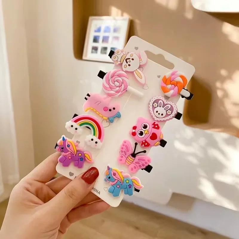 10pcs Kids Hair Clips Set – Cute Soft Gel BB Side Clips for Girls, Cartoon Hair Accessories Cards