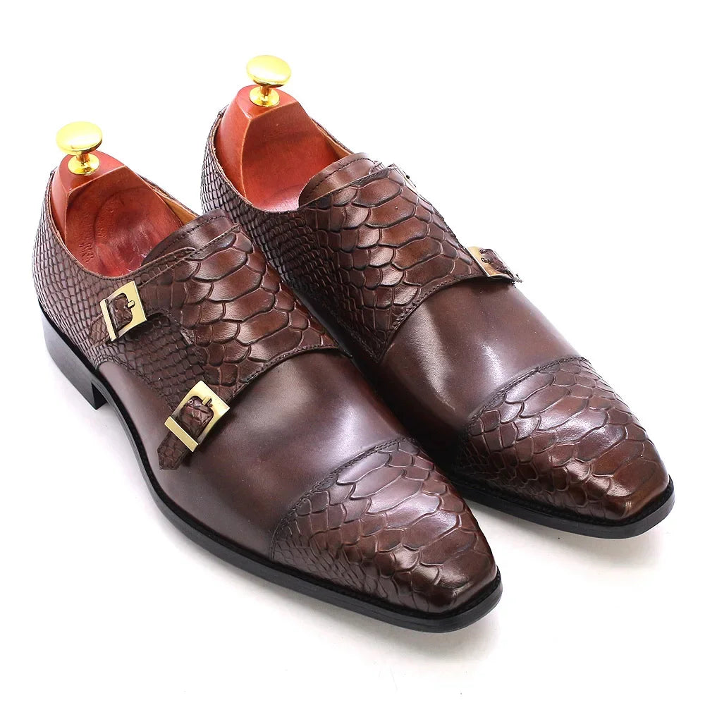 Men’s Genuine Leather Monk Strap Shoes - Double Buckle Snake Print Cap Toe Italian Style Dress Shoes
