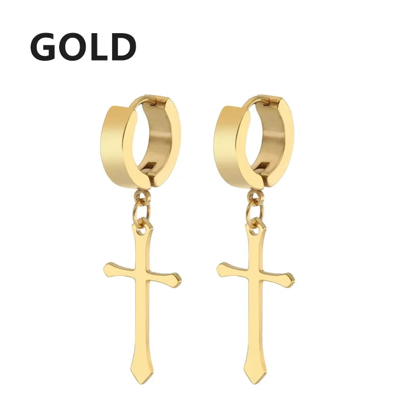 Stainless Steel Cross Star Dangle Earrings - Punk Gothic Hoop Huggie Jewelry for Men & Women