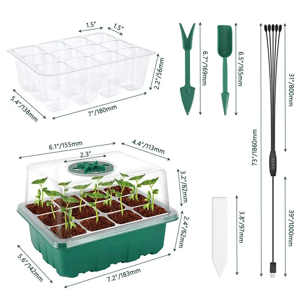 LED Nursery Pots with Grow Light - 12-Hole Plant Seed Starter Tray Kit with Timer Controller for Home Greenhouse