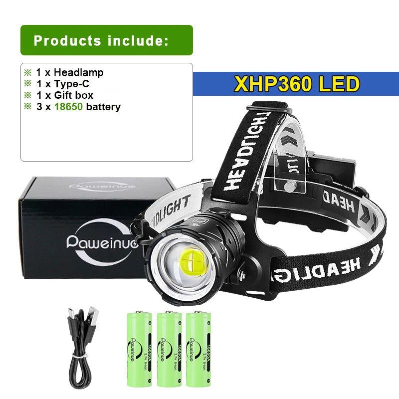 80,000LM Powerful XHP360 LED Headlamp β USB Rechargeable Ultra Bright Headlight Flashlight, Large Aperture Camping & Fishing Head Lantern Waterproof Outdoor Torch