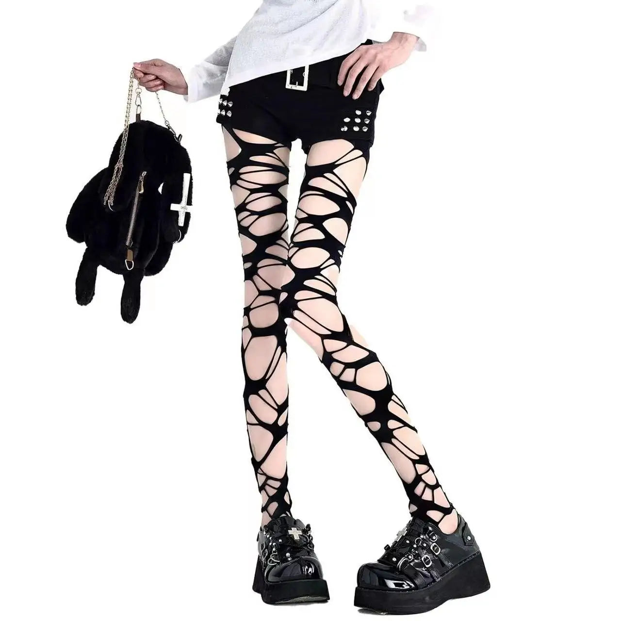 Gothic Punk Fishnet Stockings - Y2K Black Distressed Hole Pantyhose for Women