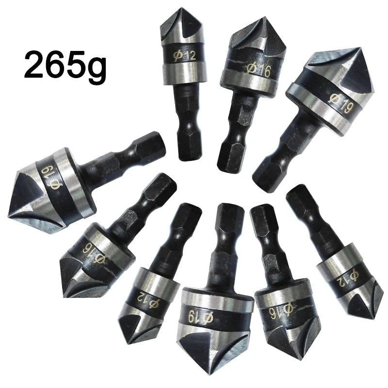 3PCS Hex Shank 90° Chamfer Drill Bit Set – 5-Blade Countersink Tool Kit 12/16/19mm for Woodworking Hole Opening