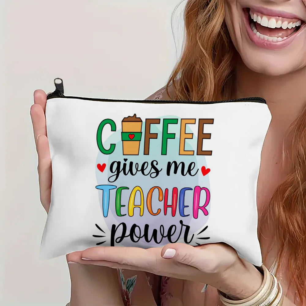 Coffee Teacher Power Makeup Bag – Linen Cosmetic Pouch for Women, Teacher’s Day Gift & Pen Organizer