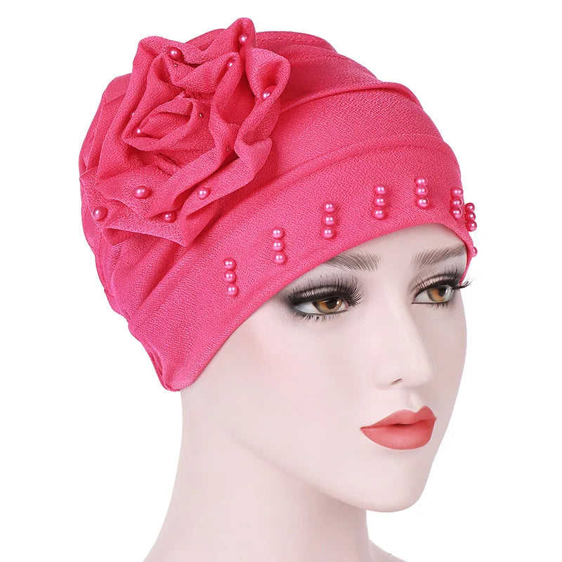 2024 Pearl Embellished Muslim Turban Beanie for Women β Elastic Hijab Headwrap with Flower Chemo Cap