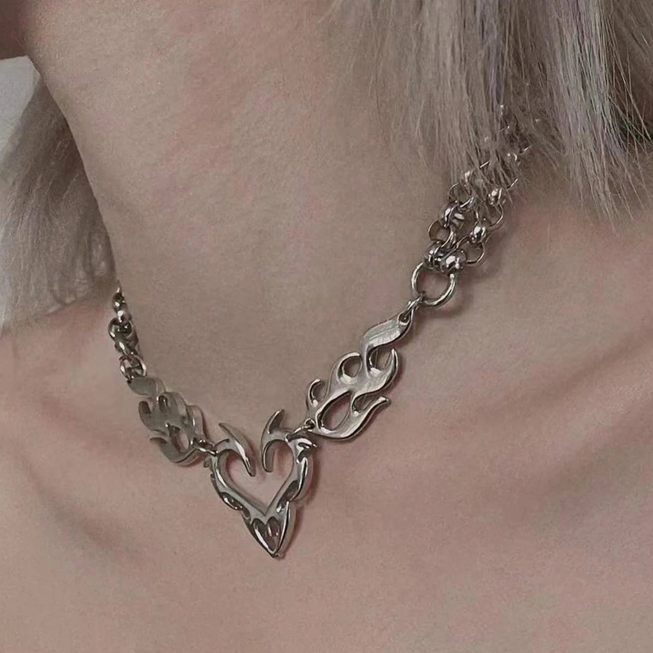 Y2K Punk Silver Flame Heart Pendant - Hip Hop Party Necklace Jewelry Gift for Women
