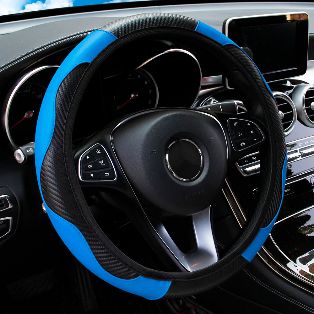 PU Carbon Fiber Leather Steering Wheel Cover — No Inner Ring, Fits 14.5-15 Inch Cars