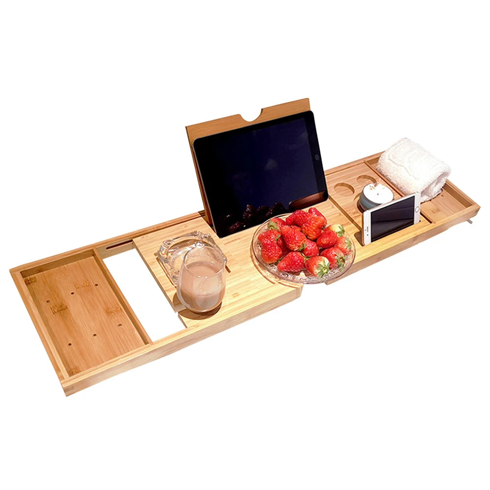 Bamboo Bathtub Caddy Tray – Spa Organizer with Book, Wine & Tablet Holder, Non-Slip & Extendable Sides