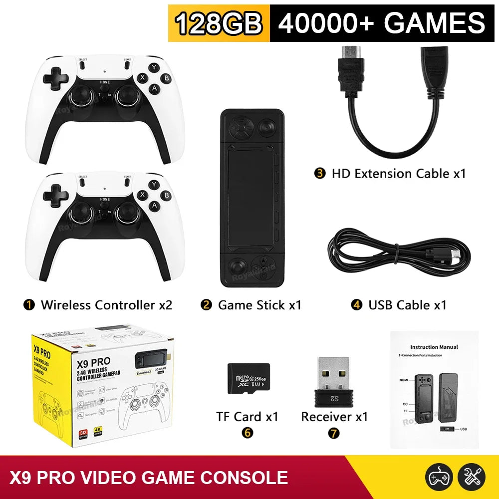 NEW 128GB X9 PRO Retro Game Console β TV Video Game Stick with 45+ Emulators for PS1, PSP, NDS, N64 & 40,000+ Games, 2.4G Dual Controllers