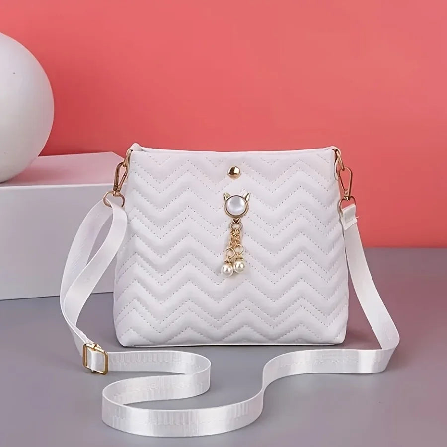 Women's Quilted Crossbody Bag - Cat Pearl Pendant Shoulder Purse Elegant Handbag for Gifts & Daily Style