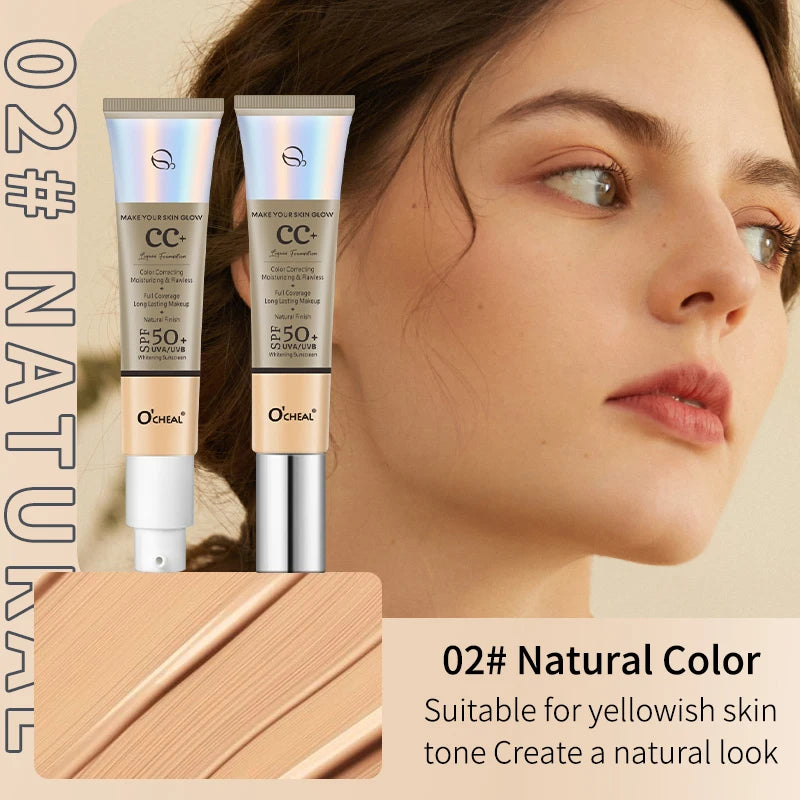 Ocheal CC Cream Foundation 30g SPF 50+ – Waterproof Moisturizing Concealer, Long-Lasting Brightening Makeup Primer with Sunscreen