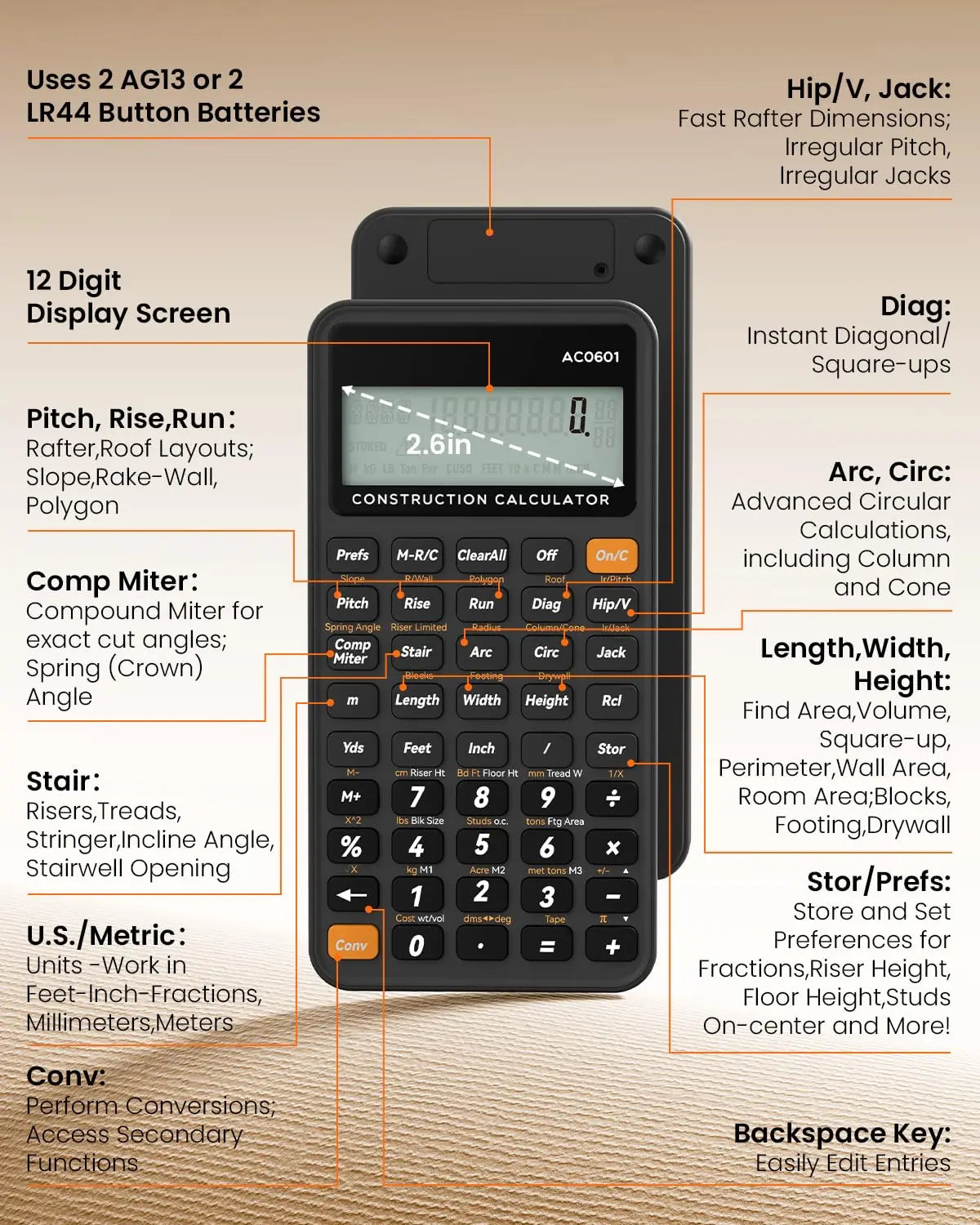 Construction Calculator with Writing Tablet – ROATEE Engineering & Industrial Pocket Contractor Calculator for Concrete, Building & Scientific Use