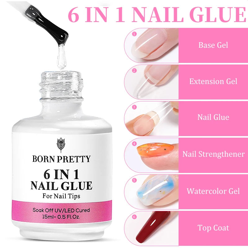 BORN PRETTY 6-in-1 Nail Glue Gel - 15ML Soak-Off Base & Top Coat for Acrylic Extensions