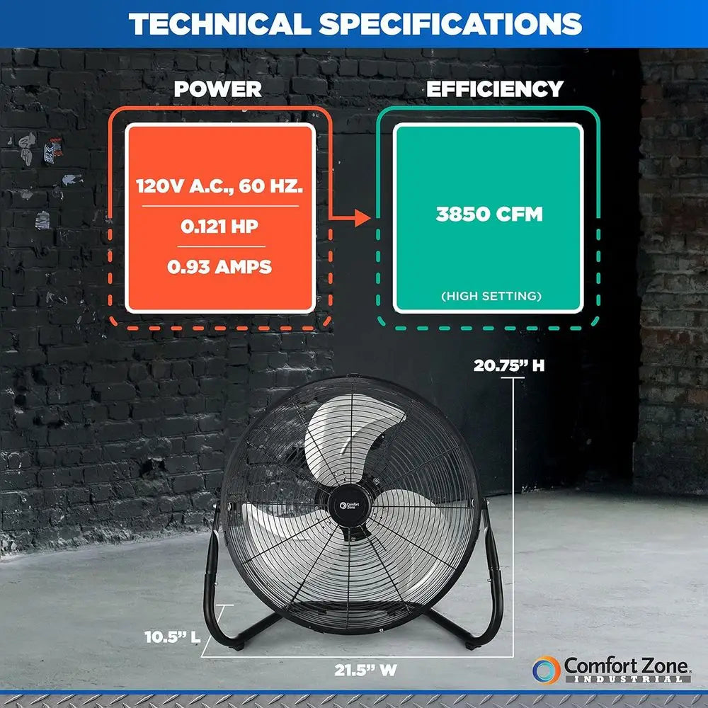 18-Inch Industrial High-Velocity Floor Fan – 3-Speed Adjustable Tilt with Carry Handle for Workshop & Home Use