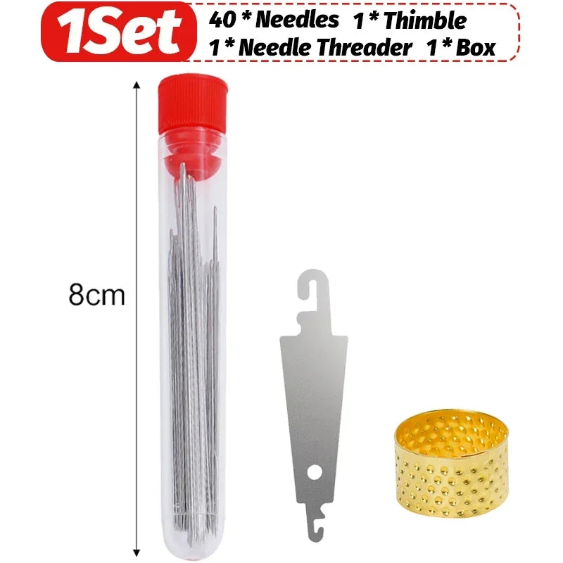 Stainless Steel Sewing Needle Set with Threader – Embroidery & DIY Household Sewing Tools for Apparel, Craft & Repair Use