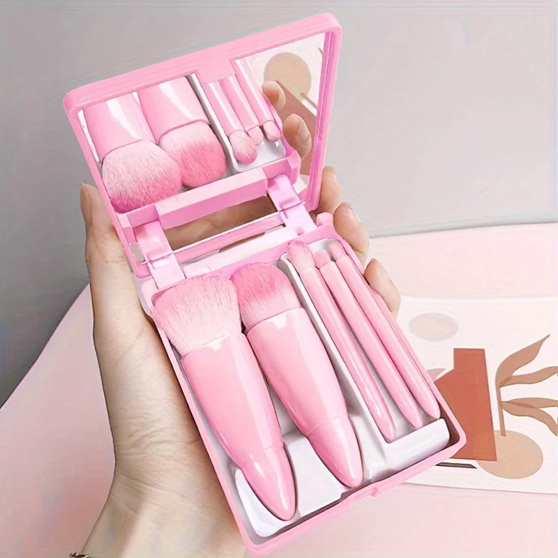 5Pcs Portable Makeup Brush Set - Foldable Travel Kit with Mirror Mini Cosmetic Brushes for Beauty On The Go