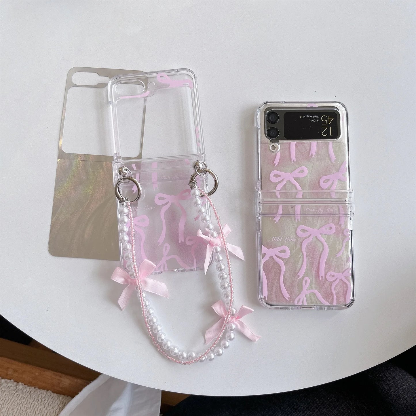Pink Feathery Bow Folding Case with Chain for Samsung Galaxy Z Flip 3/4/5/6 – Cute Stylish Phone Cover