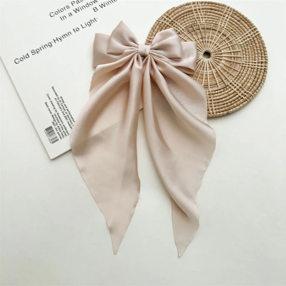 Ladies Satin Oversized Ribbon Bow Hair Clip β White, Pink, Red, Blue, Black, Long Tail Spring Clip for Ponytail Hair Accessories