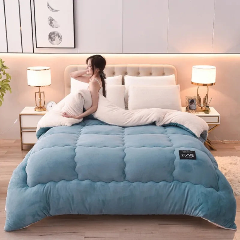 2025 Winter Thickened Fleece Quilt – Solid Color Milk Lamb Fleece Warm Comforter, Single & Double Sizes