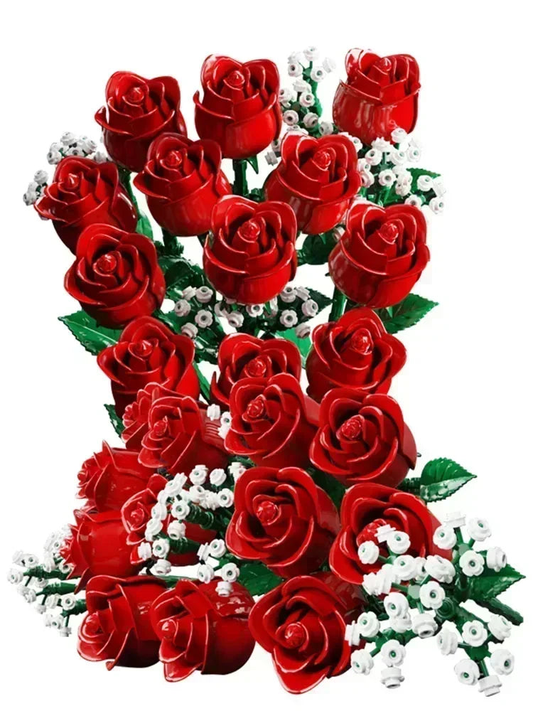 968PCS Romantic Rose Flower Bouquet Building Blocks – Creative DIY Home Desk Plant Decoration Toy for Girls & Ladies