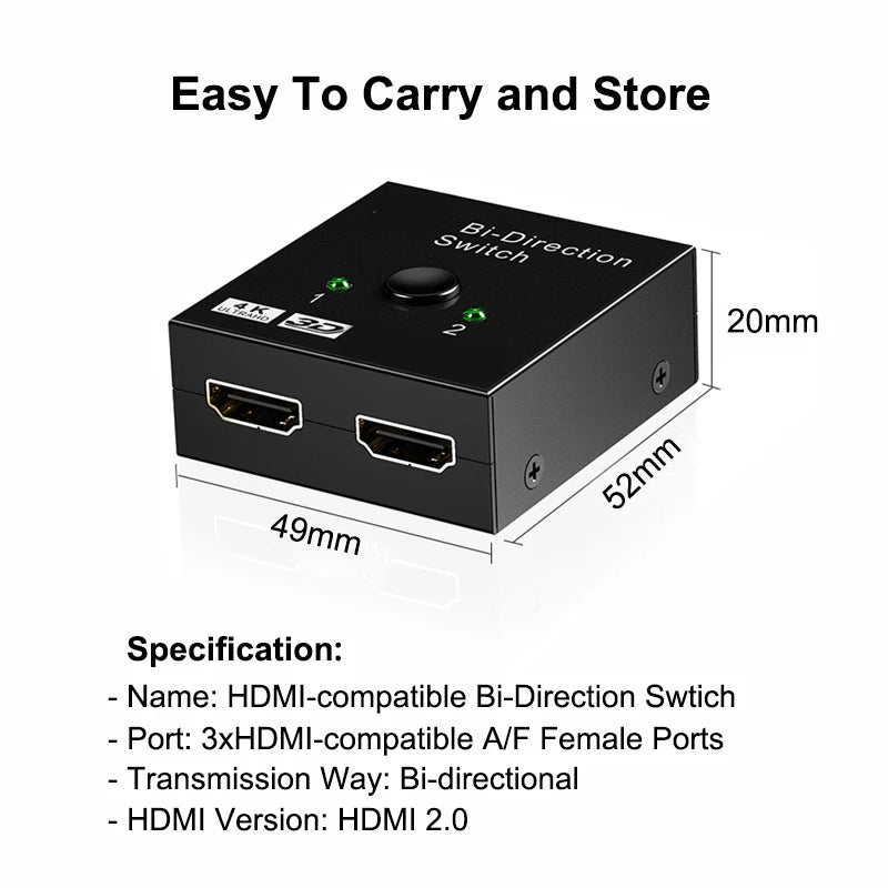HDMI-Compatible Bi-Directional Switch 2.0 Splitter – 1x2/2x1 Adapter, 4K Converter for PS4 Pro/4/3 & TV Box