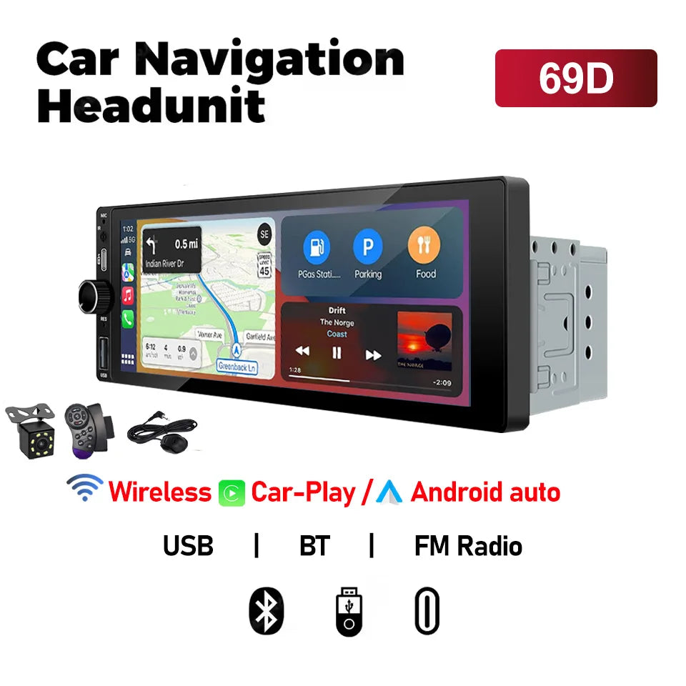 XIMA 6.9-Inch 1Din Car Stereo with Wireless CarPlay - Android Auto, Bluetooth, MP5, FM, USB & IPS Touchscreen