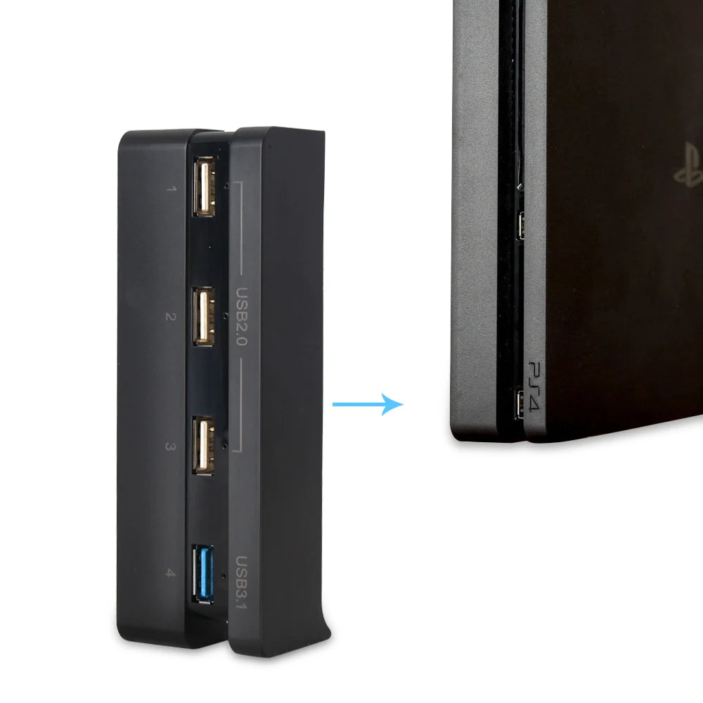 USB Hub Expansion Adapter for PS4 Slim – 3 USB 2.0 + 1 USB 3.0 Ports, High-Speed Plug & Play Charger for Controllers 1/2