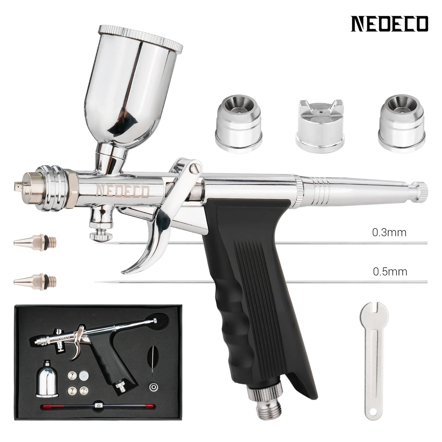 Gravity-Feed Dual-Action Airbrush — Pistol Grip Trigger Fan Spray Gun with 0.3mm/0.5mm Nozzles & 15CC Fluid Cups for Car Models & DIY