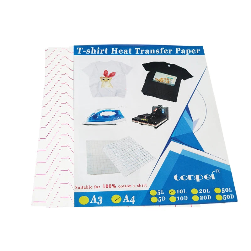 10 Sheets A4 Inkjet Heat Transfer Paper — Dark & Light Cotton T-Shirt Transfer Paper for 100% Cotton Fabric