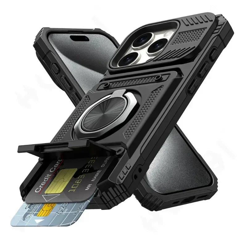 Magnetic Ring Kickstand iPhone Case – Heavy Duty Drop Protection Wallet Cover for iPhone 16/15/14/13/12/11 Pro Max, XS, XR, 8 & 7 Plus