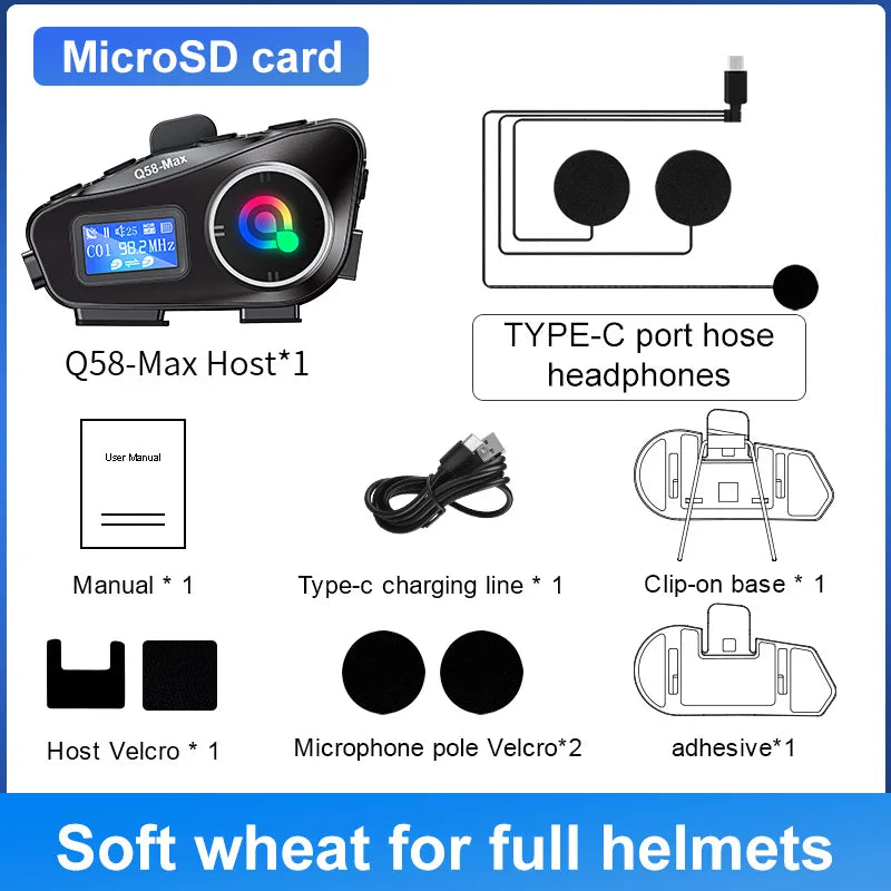 Q58 Max Motorcycle Helmet Intercom Headset – Waterproof 300M Bluetooth Wireless Intercom for 2 Riders with Music Sharing & Flashlight