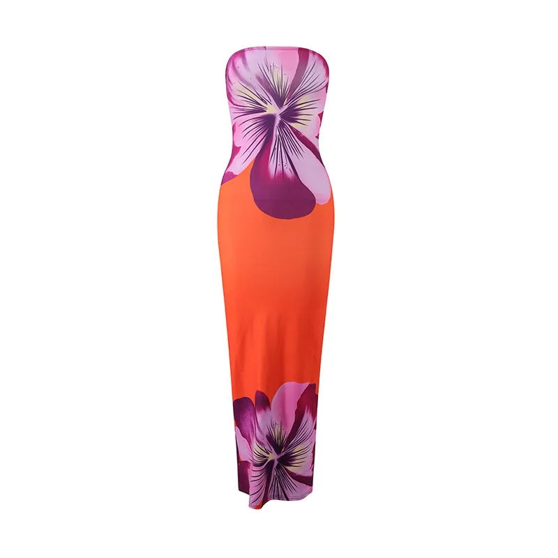Women’s Floral Strapless Maxi Dress - High Waist Slim Fit Summer Vacation & Evening Party Dress