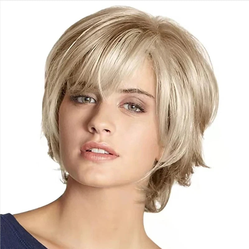 HAIRJOY Short Blonde Wig with Bangs – Blonde and Brown Mix Synthetic Fluffy Wig for Women
