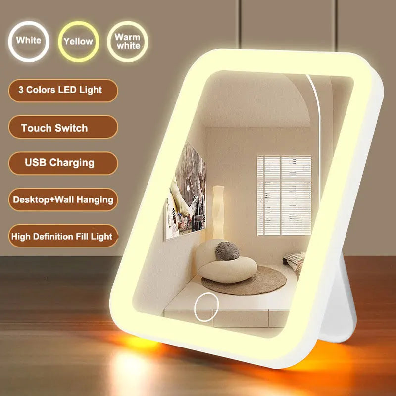 3-Color LED Vanity Mirror β Touch Screen, USB Rechargeable, Dimmable Makeup Mirror with Adjustable Brightness, Portable