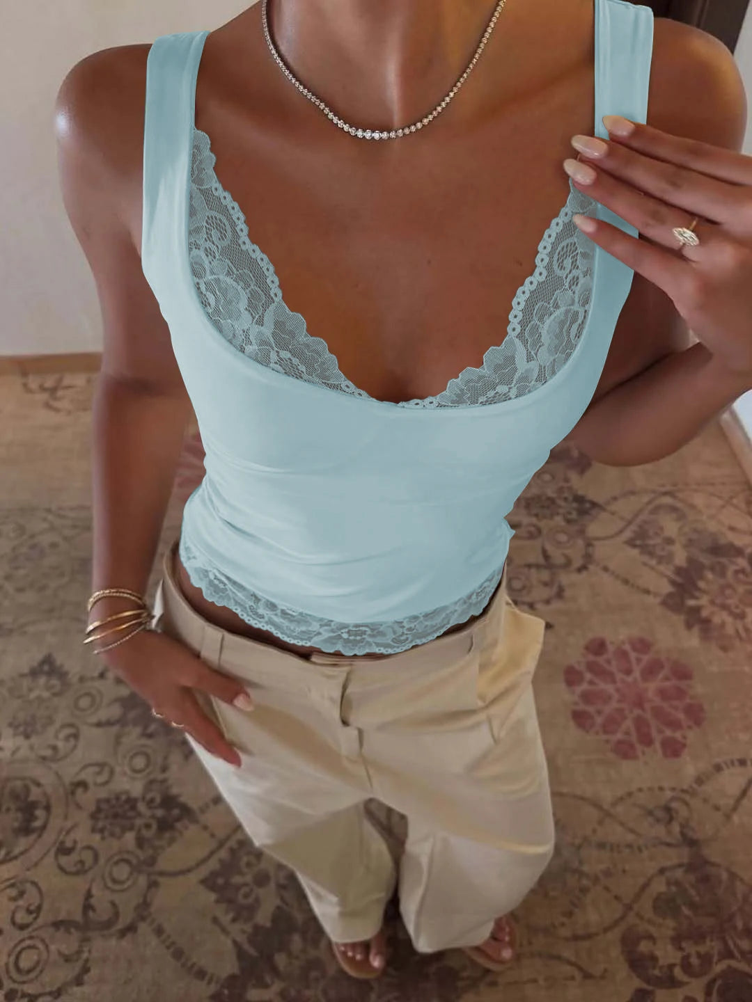 Women’s Y2K Lace Ruffle Backless Tank Top – Slim Fit Square Neck Sexy Party & Vacation Summer Fashion Crop Top